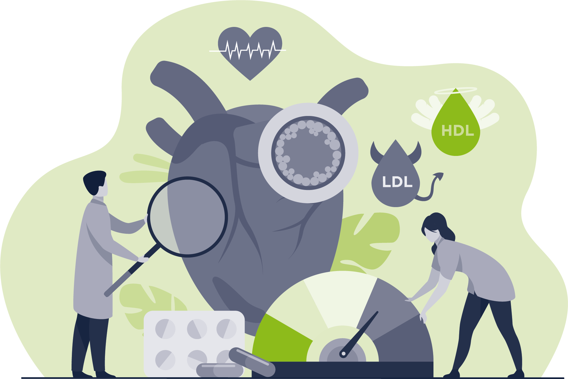 Illustration Cholesterin Illustration, bei der zwei Menschen ein Herz untersuchen und die Cholesterinwerte überprüfen